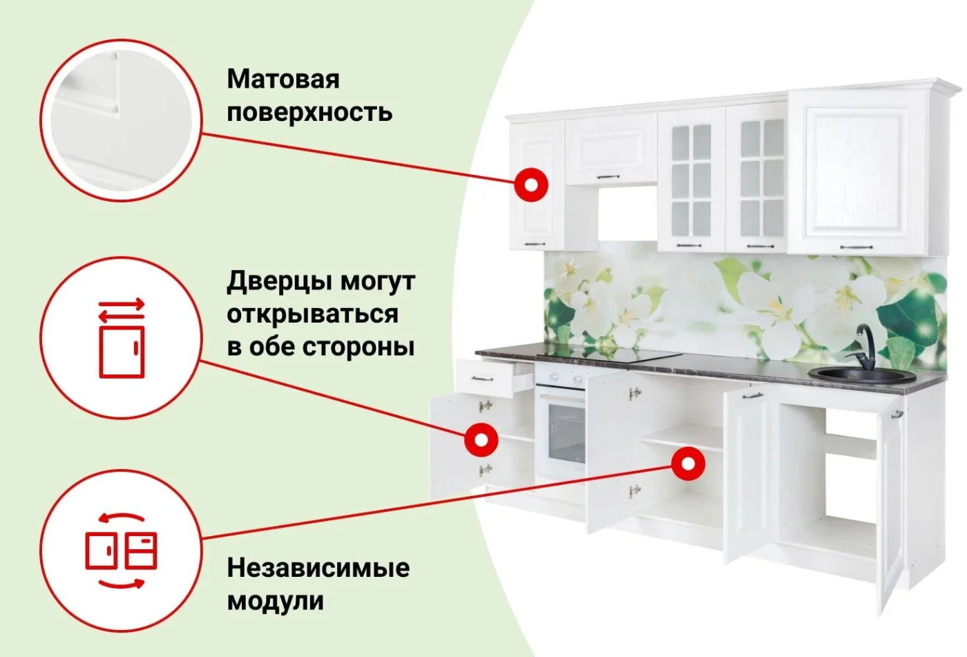 Кухонный гарнитур Hoff Белла 2,4 м, 246х216х60 см, матовый, цвет белое дерево